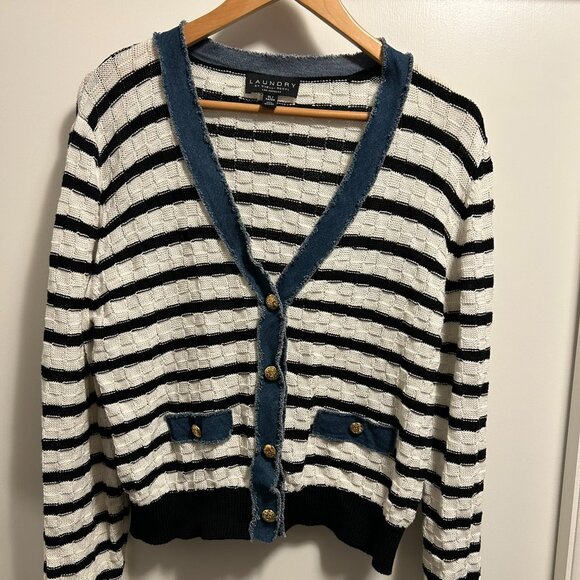 Laundry By Shelli Segal Black and White Striped Cardigan with Denim Detailing - Picture 1 of 6